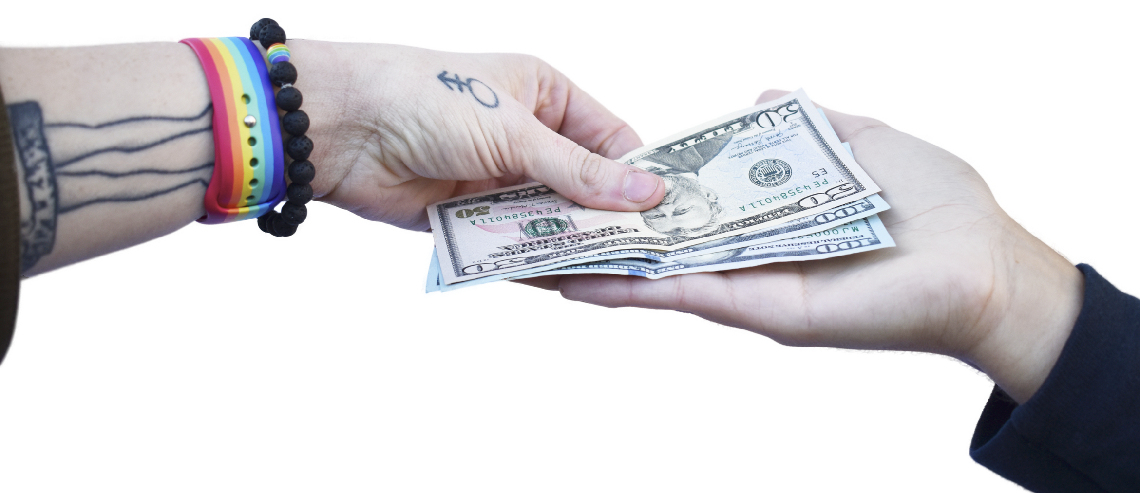 A payment realized by putting cash into Stacy's open hand: two hundred-dollar bills and a fifty. The payer has a rainbow wristwatch, a bead bracelet, a hand tattoo, and a wrist tattoo.